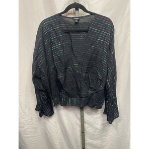 EXPRESS Black Metallic Stripe V Neck Long Sleeve Wrap Style Blouse Top Womens XL